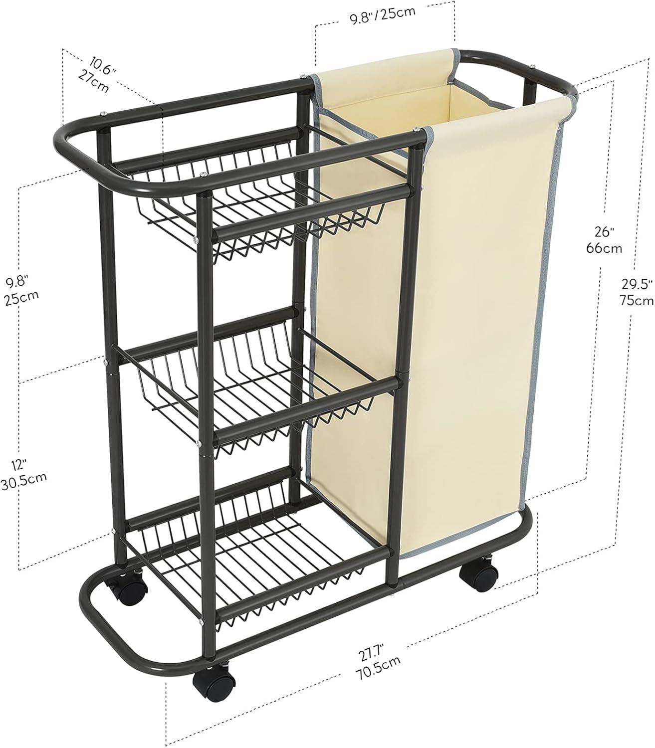 Gray Metal Frame Laundry Sorter with Beige Bag and Shelves