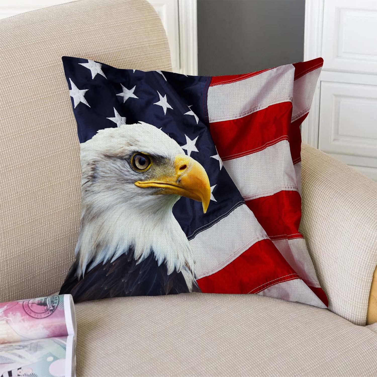 Patriotic Eagle and American Flag Cotton Linen Throw Pillow