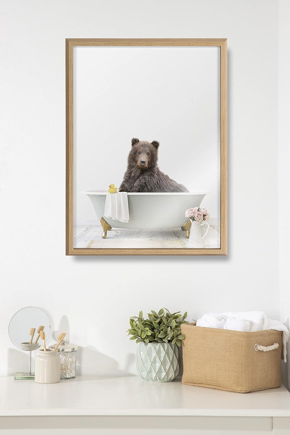 Kate & Laurel All Things Decor 18" x 24" Blake Bear Cottage Bathroom Framed Printed Glass by Amy Peterson Art Studio Natural