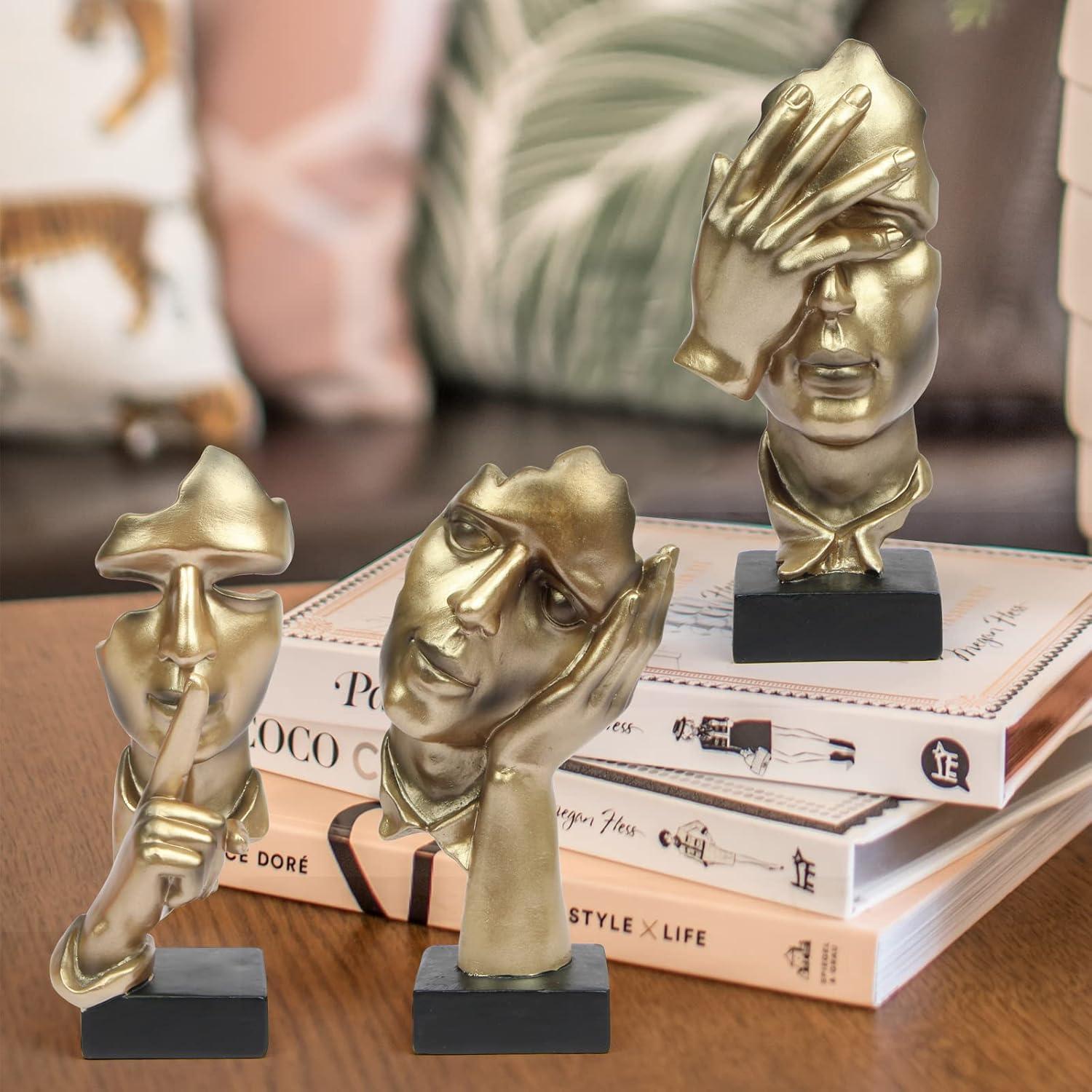 Modern Abstract Thinker Statue Set of 3 Gold Statues 6.48"/1.96"/6.88" Home Office Decor Collectible Figurines