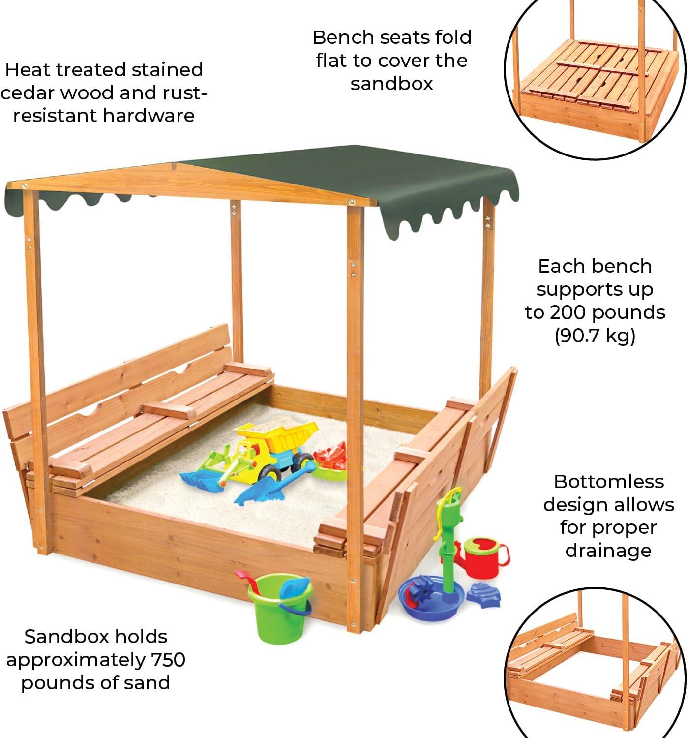 Covered Convertible Cedar Sandbox with Canopy and Two Bench Seats