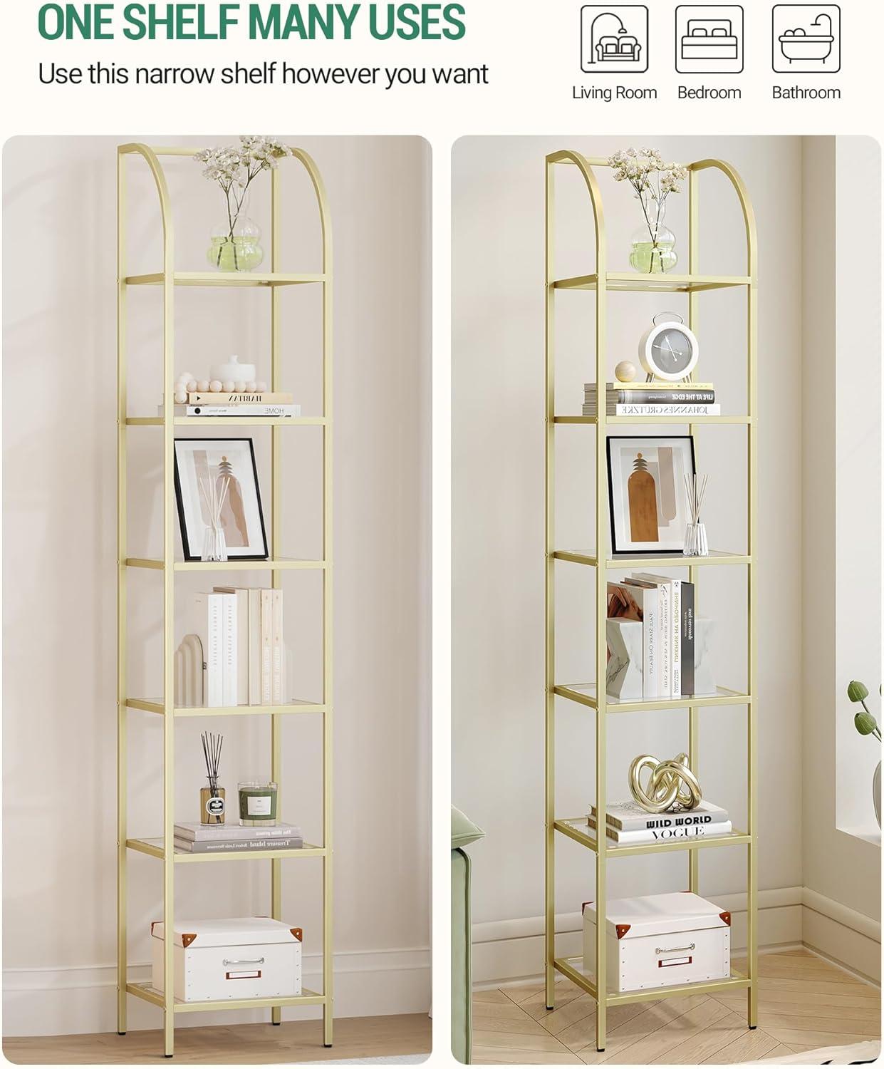 Mercer41 Bookcase Bookshelf, Tempered Glass Arched Bookshelf For More Storage, Slim Shelving Unit For Bedroom, Bathroom, Home Office, Steel Frame, 6 Tier Gold