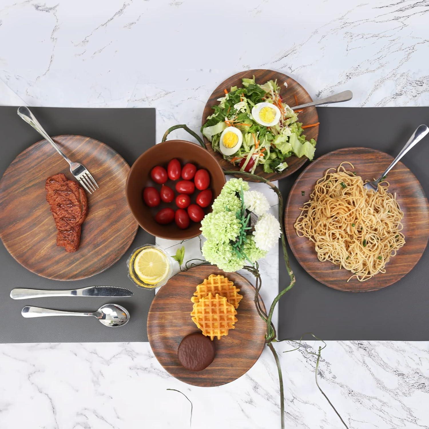 TP 8.5" Melamine Dinner Plates, 6-Piece Plate Set Unbreakable Serving Dishes, Dishwasher Safe, Rosewood Grain