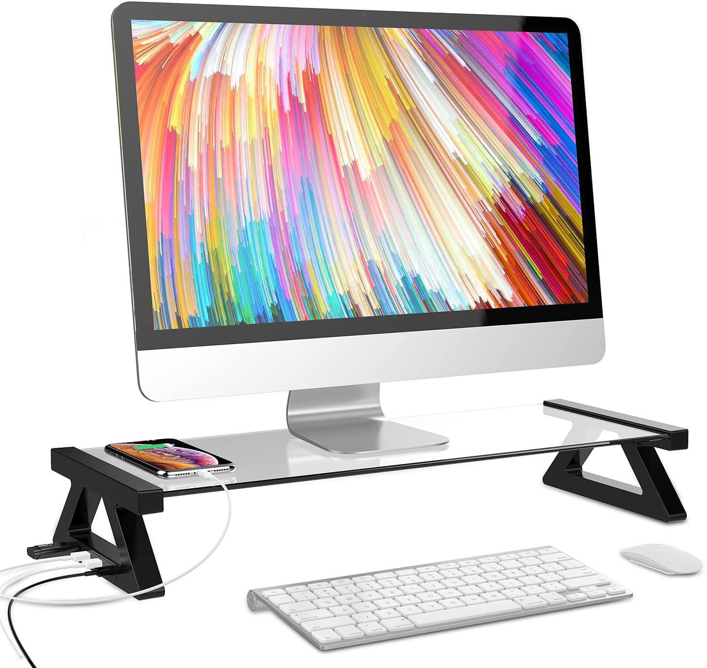 Yivandi Computer Monitor Stand with USB Ports, Clear Tempered Glass Monitor Riser, 3-in-1 USB Docking Laptop Riser for Desktop PC/iMac/MacBook/Printer