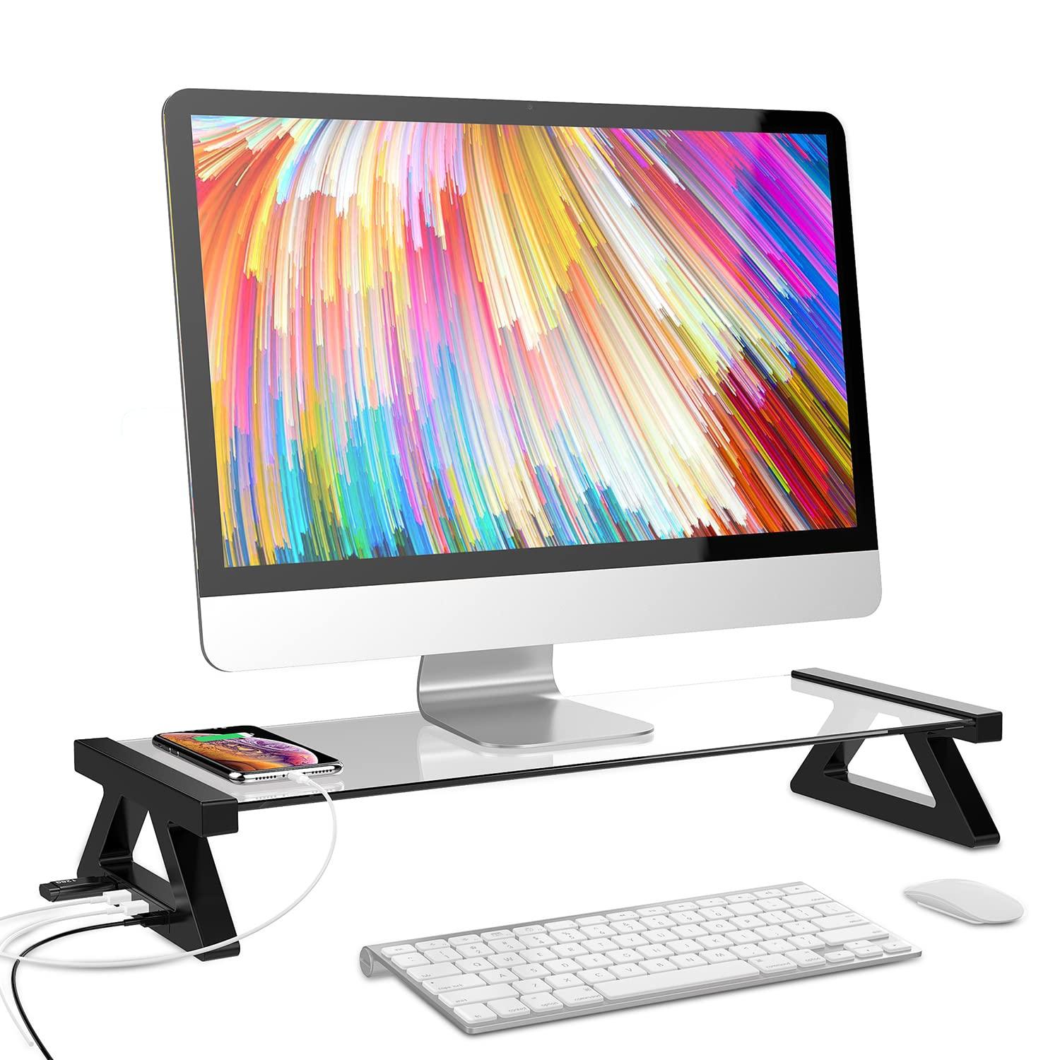Yivandi Computer Monitor Stand with USB Ports, Clear Tempered Glass Monitor Riser, 3-in-1 USB Docking Laptop Riser for Desktop PC/iMac/MacBook/Printer