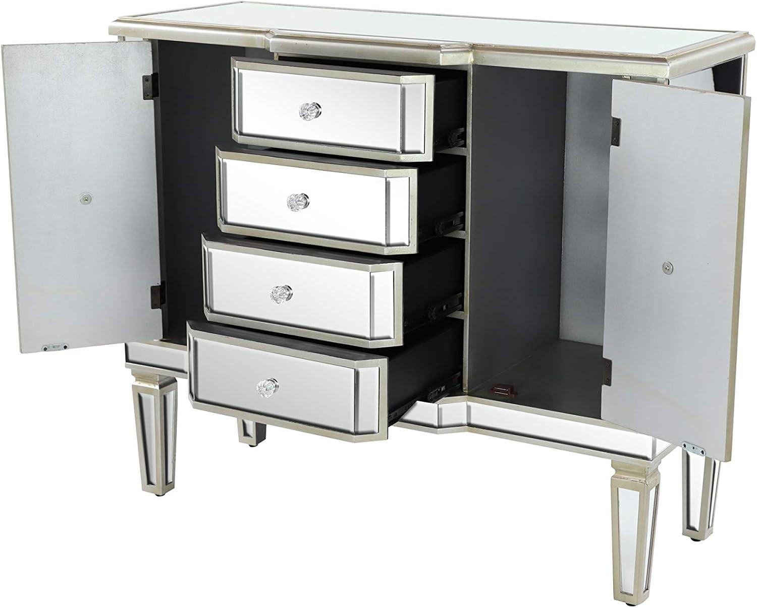 DecMode 39" x 34" Silver Wood Mirrored Panel 4 Drawers 2 Shelves and 2 Doors Buffet with Acrylic Knob Handles, 1-Piece