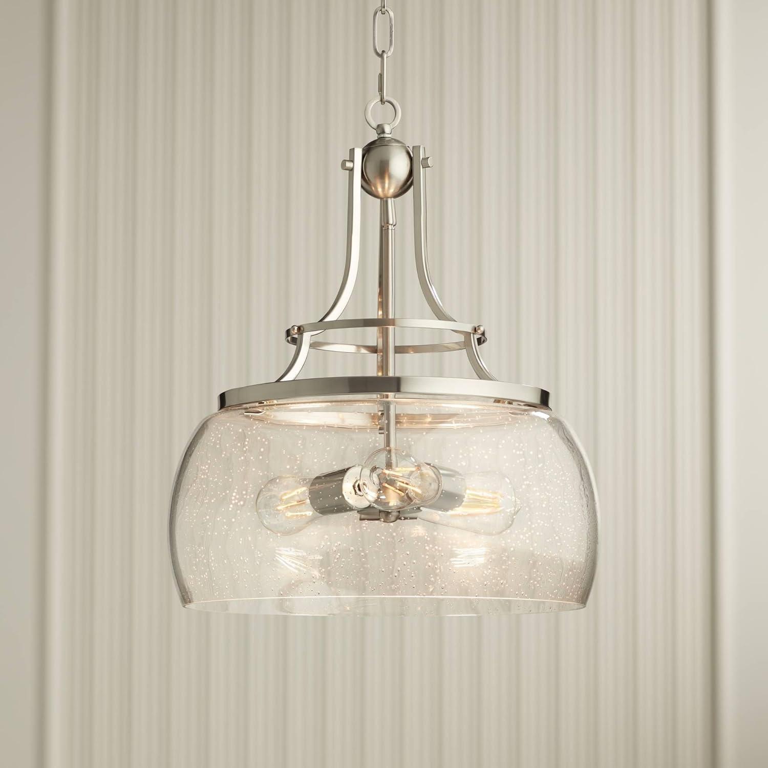 Charleston Satin Nickel Pendant Chandelier with Seeded Glass Shade