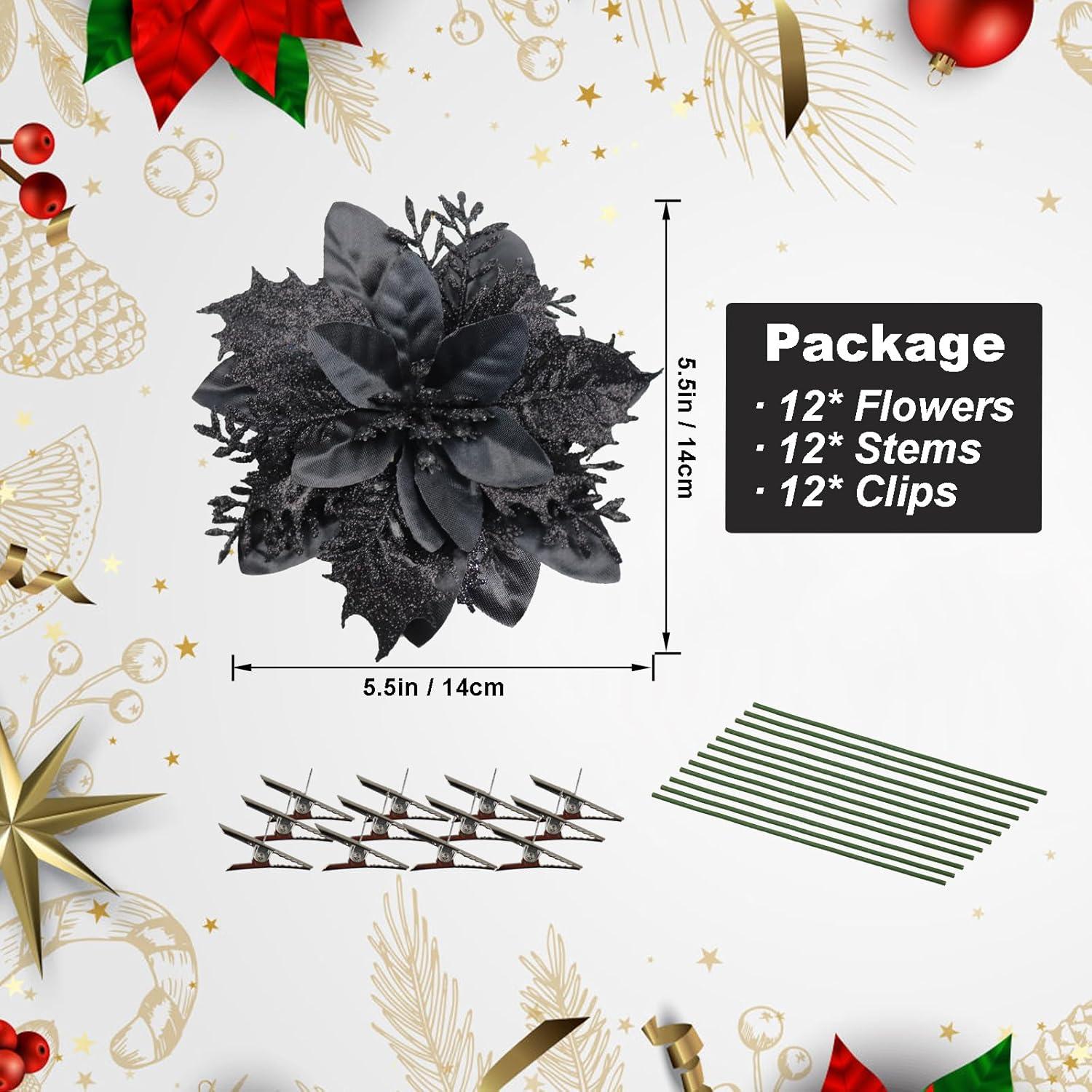 Glitter Christmas Poinsettia Artificial Xmas Flower Ornaments Flowers Decorations with Clips and Stems Glitter Poinsettia Christmas Tree Ornaments for Christmas Wedding (Black,36 Pieces)