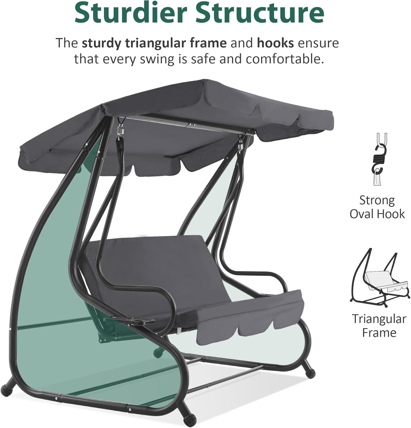 MCombo 3 Seat Patio Swing Chair, Outdoor Swing with Adjustable Canopy, Porch Swing