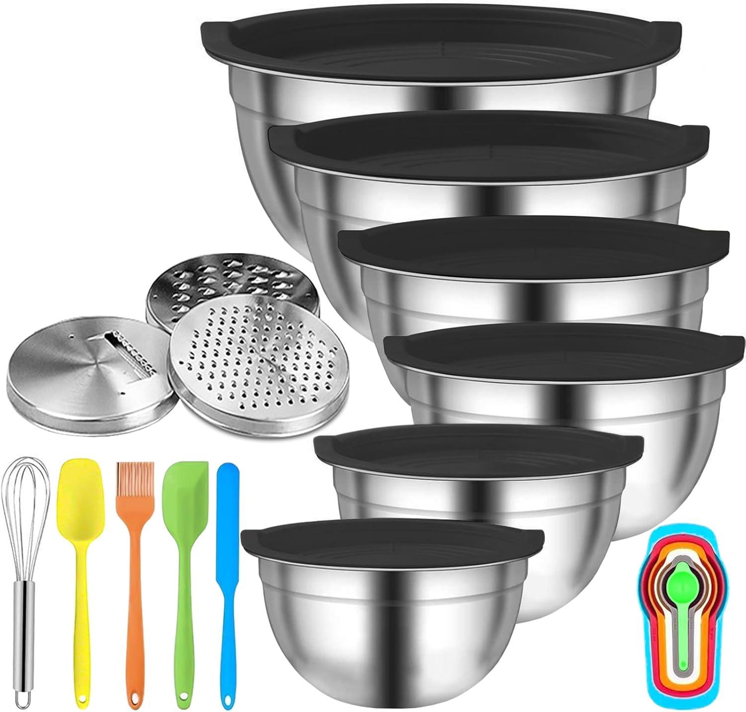 6-Piece Black Stainless Steel Mixing Bowl Set with Lids and Graters