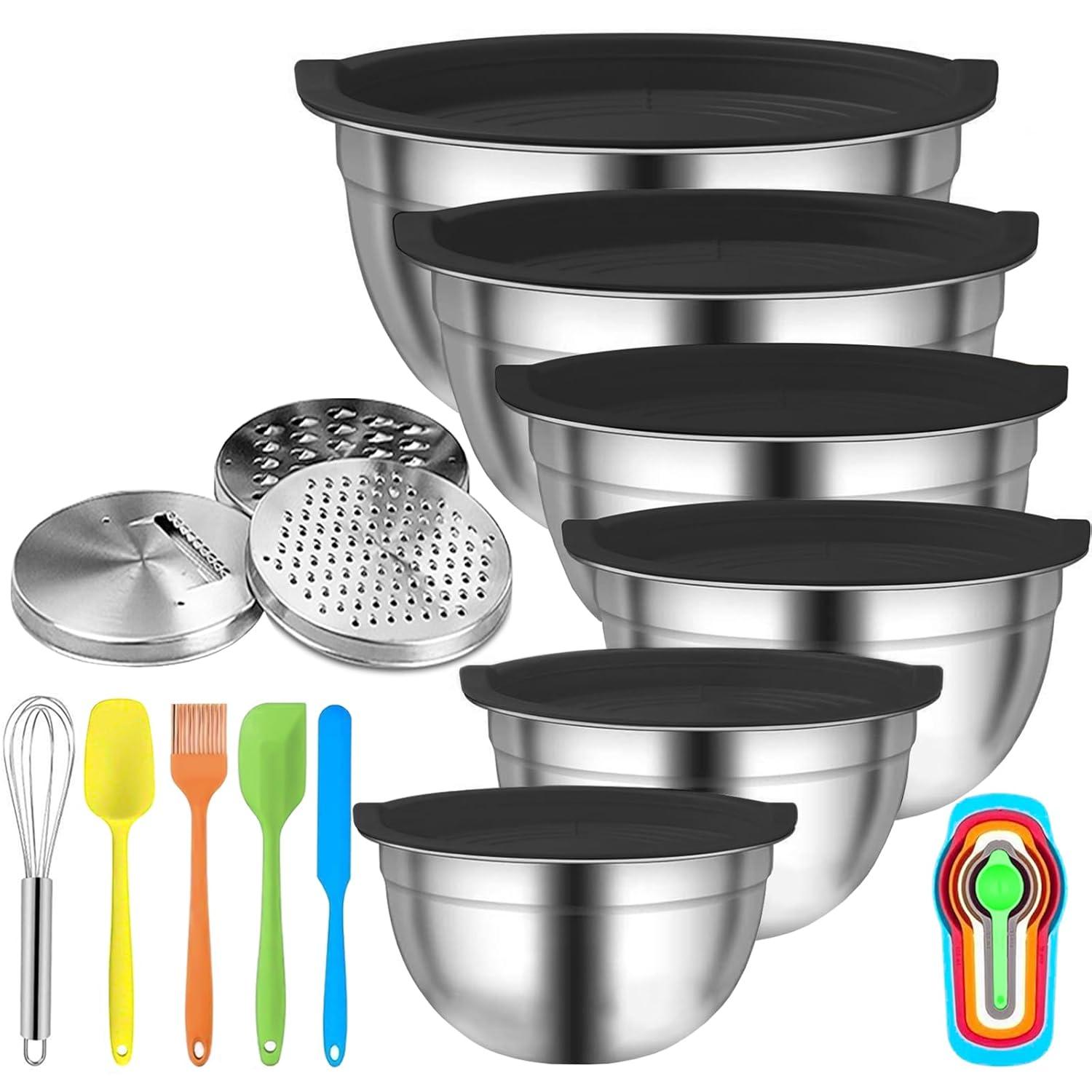 6-Piece Black Stainless Steel Mixing Bowl Set with Lids and Graters