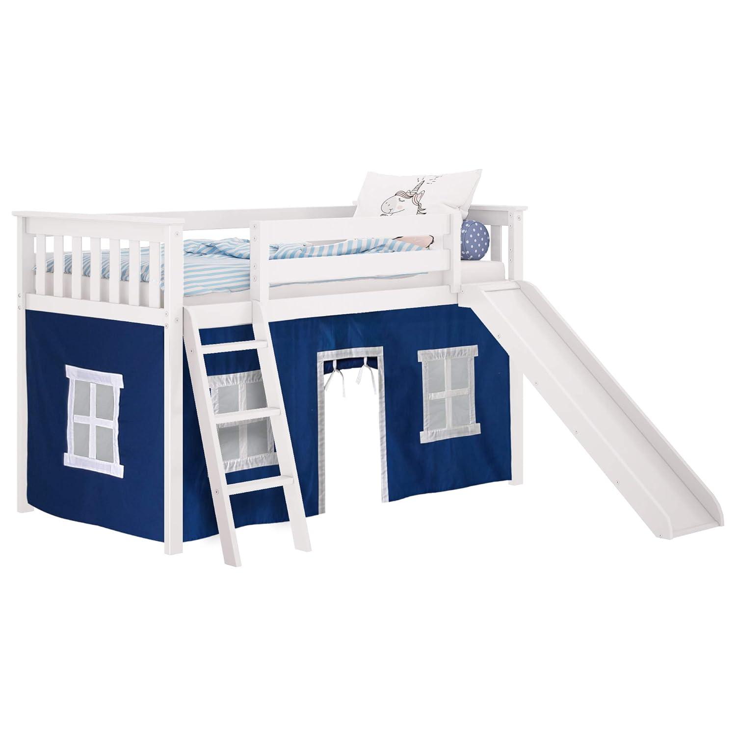 Max & Lily Low Loft Bed, Twin Bed Frame For Kids With Slide and Curtains For Bottom, White/Blue