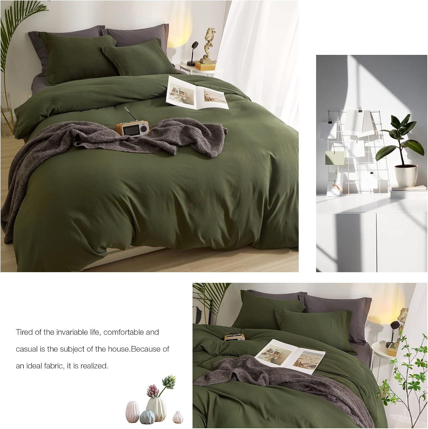 3 Piece 100% Washed Cotton Army Green Duvet Cover Set Luxury Soft and Breatheable Bedding Set with Zipper Closure,Queen Size