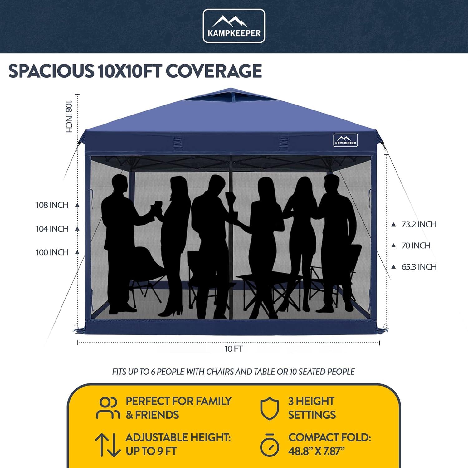 KAMPKEEPER 10x10 Pop Up Canopy Tent with Mosquito Netting - Waterproof Screen Shelter for Sun Shade, Camping, Beach and Outdoor Events, Navy Blue