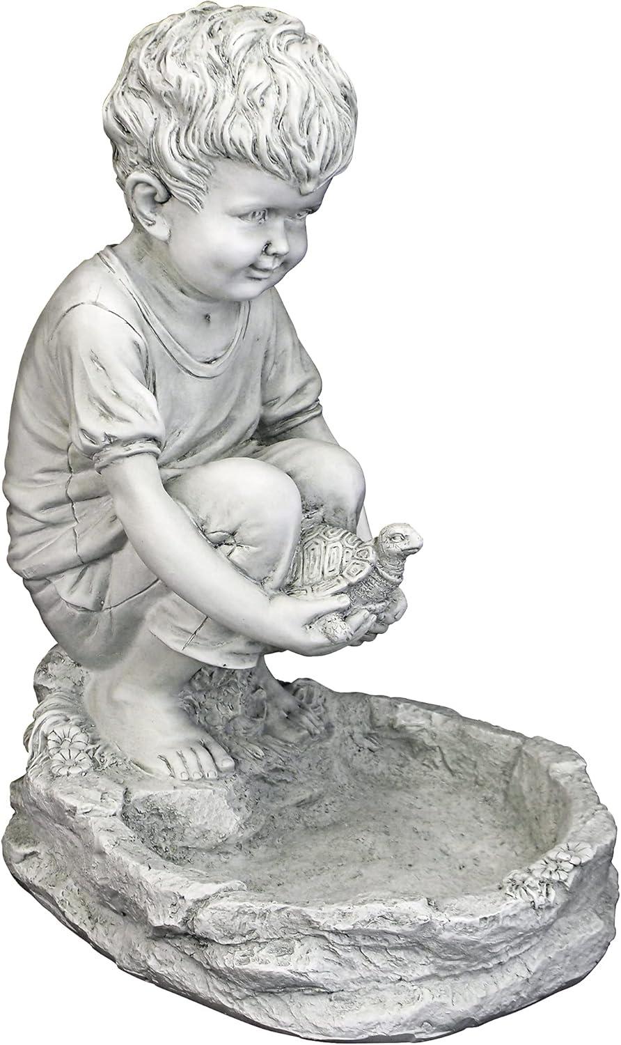 Antique Stone Little Boy with Turtle Garden Statue