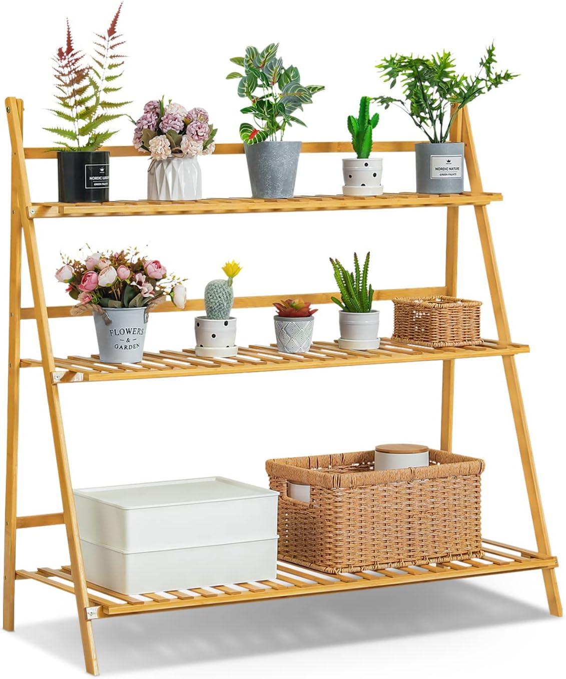 3 Tiers Trapezoidal Bamboo Wood Plant Pot Stand Folding Ladder Holder