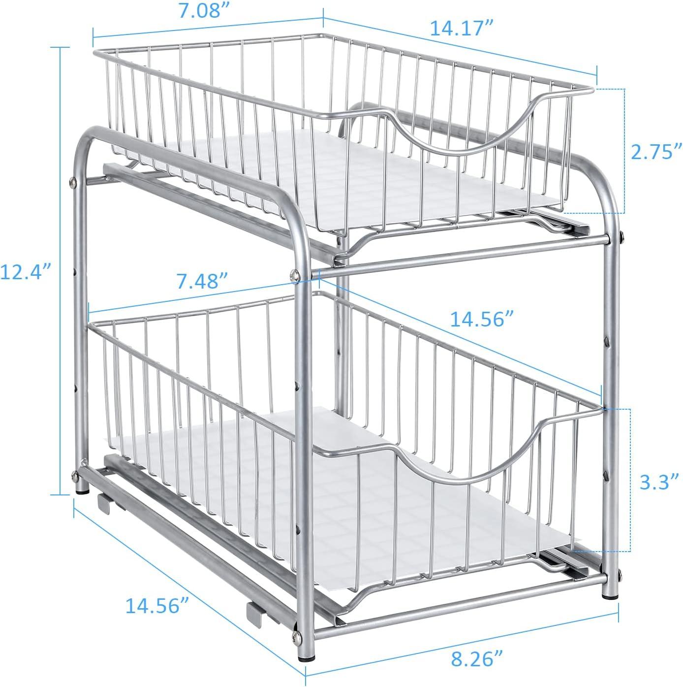 2-Tier Under Sink Storage Sliding Basket Organizer Drawer 2 Pack, Silver