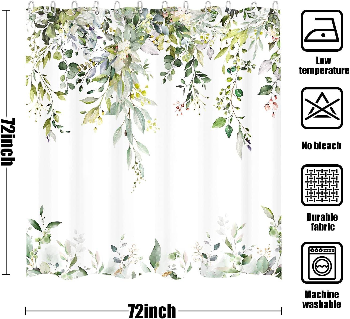 kampdream Eucalyptus Plant Rustic Shower Curtain, Watercolor Leaves On The Top Country Farm House Shower Curtain, Spring Botanical Bathroom Curtain 72 ×72 Inch