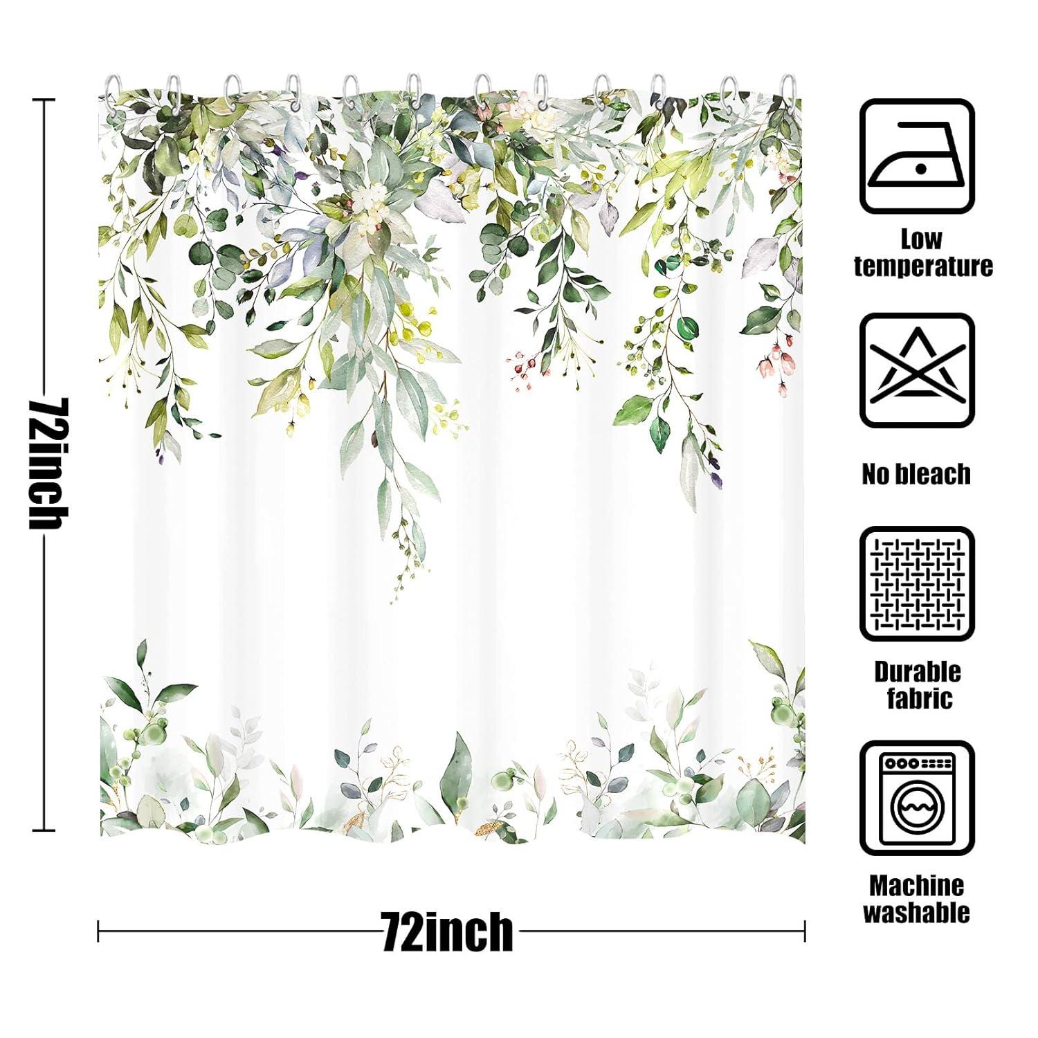 kampdream Eucalyptus Plant Rustic Shower Curtain, Watercolor Leaves On The Top Country Farm House Shower Curtain, Spring Botanical Bathroom Curtain 72 ×72 Inch