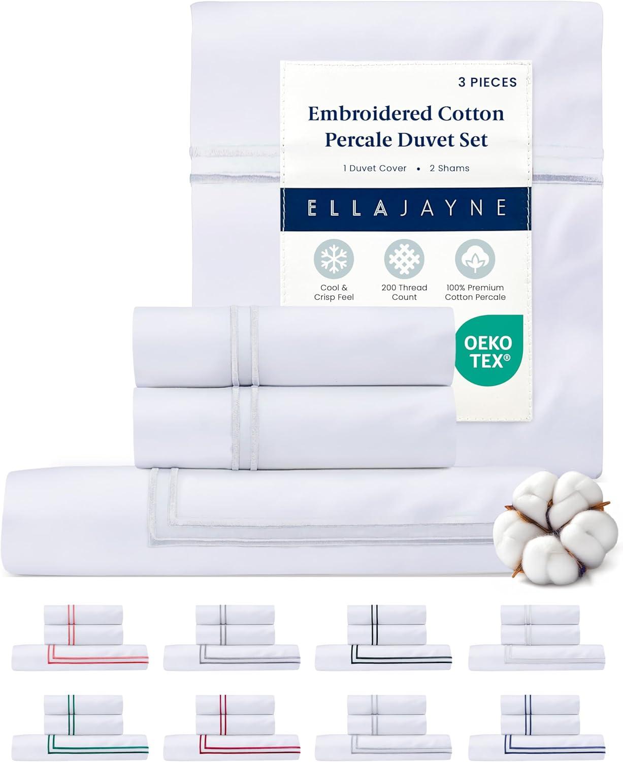 Ella Jayne Home Ella Jayne Cotton Duvet Cover with Satin Satin Stitching 3-Piece Set, White with White Satin Stitching