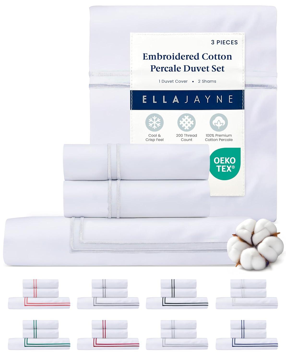 Ella Jayne Home Ella Jayne Cotton Duvet Cover with Satin Satin Stitching 3-Piece Set, White with White Satin Stitching