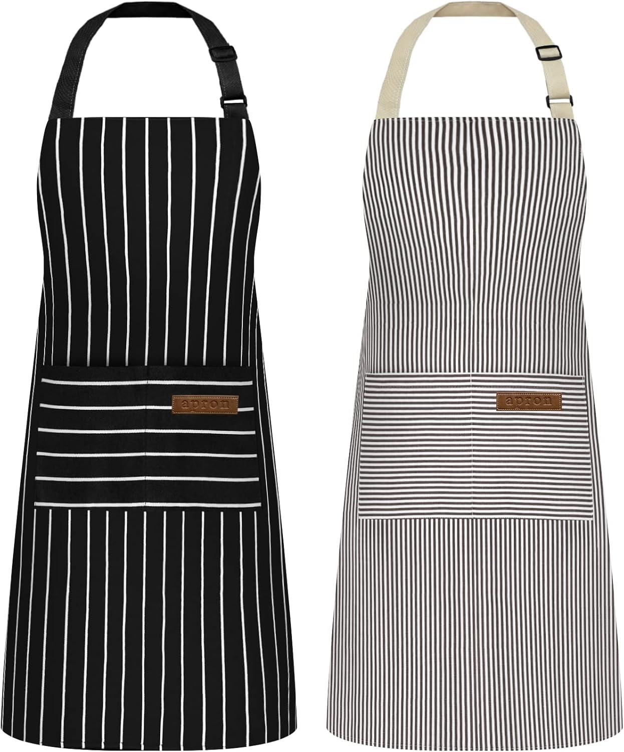 NLUS 2 Pack Cooking Aprons for Women Men with 2 Pockets, 29.5" x 26.8" (Black/Brown Stripes)