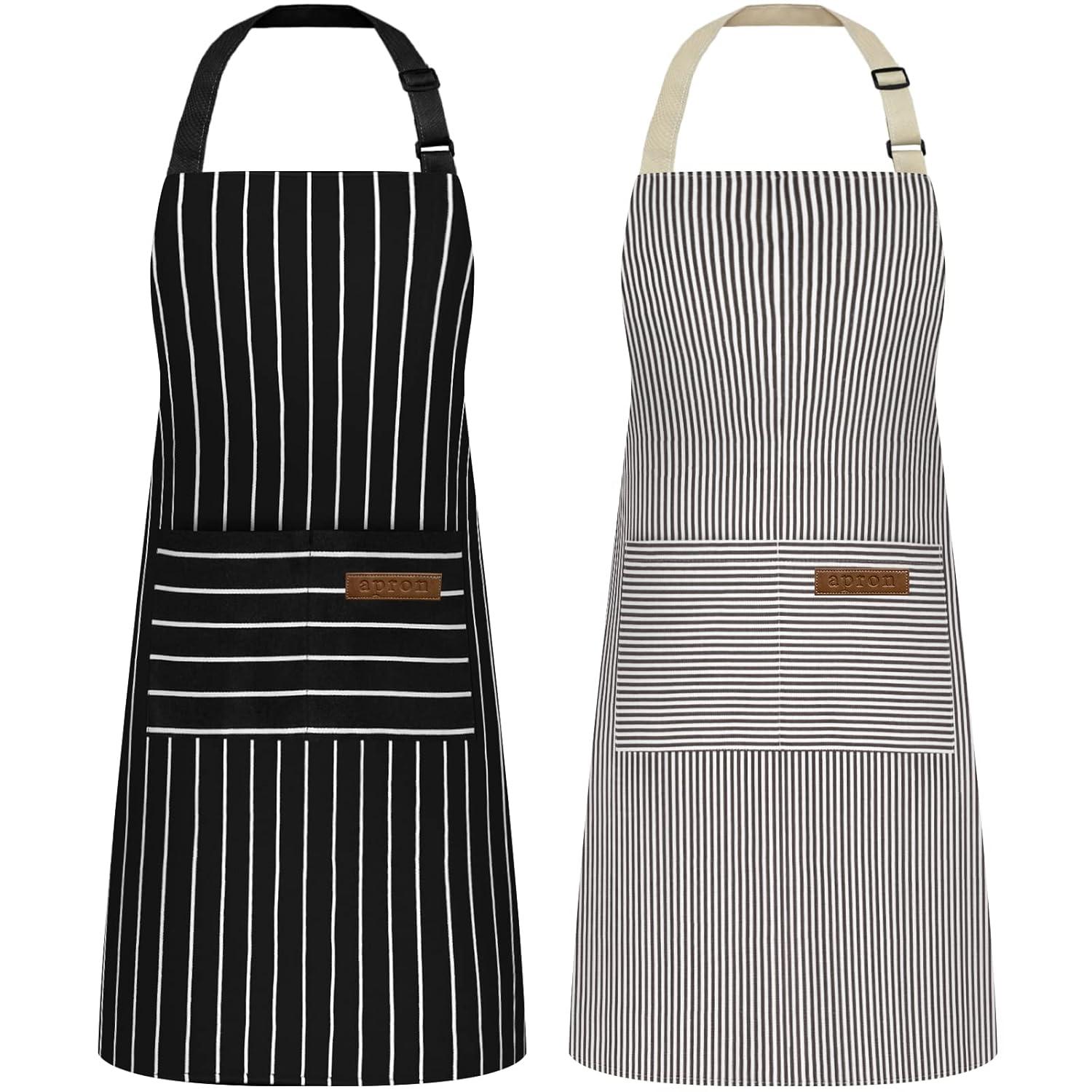 NLUS 2 Pack Cooking Aprons for Women Men with 2 Pockets, 29.5" x 26.8" (Black/Brown Stripes)