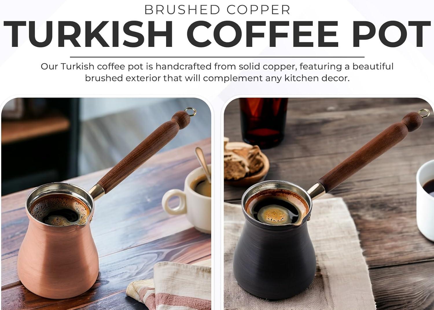 DEMMEX Solid Brushed Copper Turkish Coffee Pot, Cezve Ibrik Briki, Stovetop Greek Arabic Coffee Maker, Copper & Wooden Handle & Tin Lining, 100% Handcrafted (Copper, 240ml/2-3ppl)