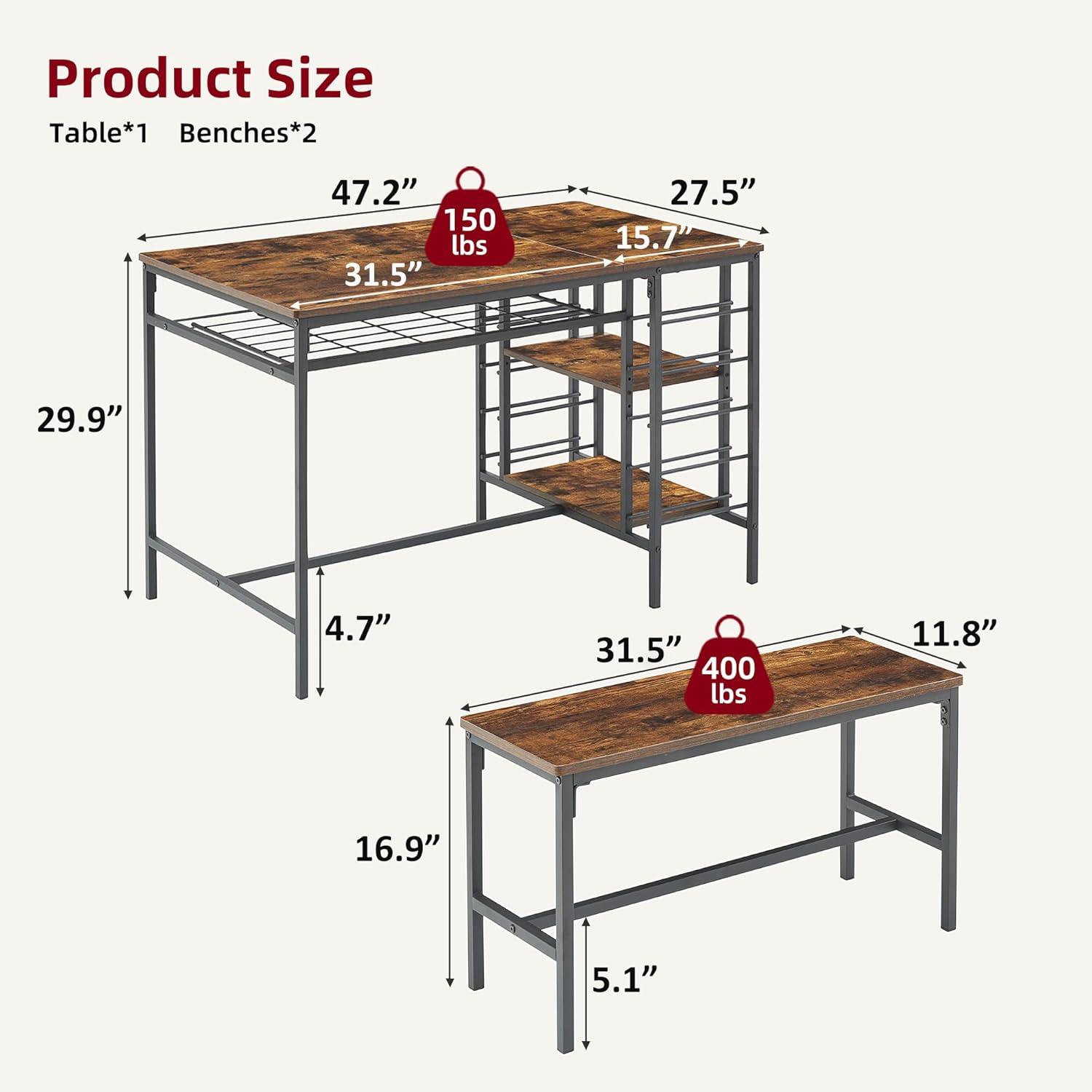 IDEALHOUSE Dining Table Set for 4, Kitchen Table Set for 4 with 2 Benches, Rectangular Dining Room Table Set with Wine Rack, 3 Piece Dining Table Set for Small Space Apartment, Rustic Brown