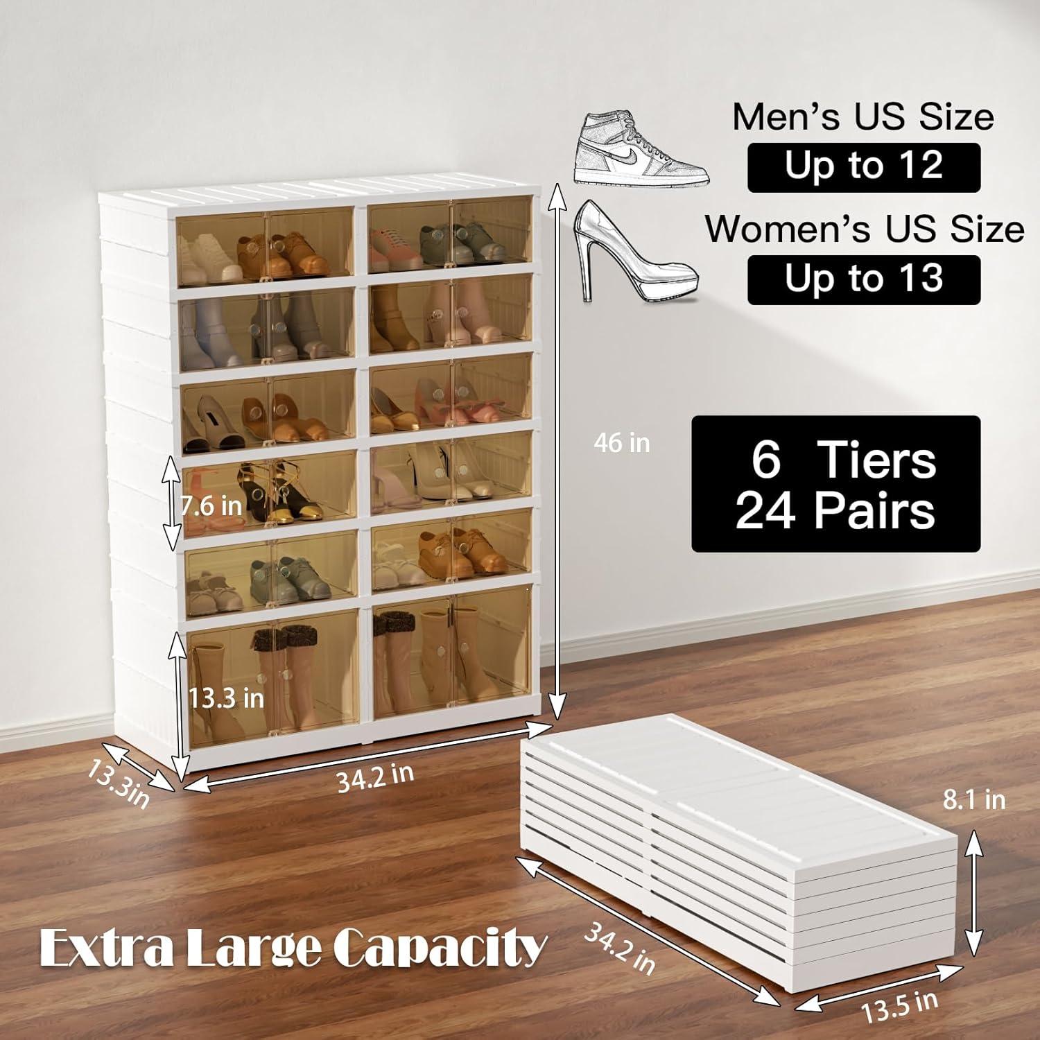 EAYSG 6-Tier Portable Shoe Rack Organizer for Closet, 24 Pairs Shoe Container Bins, Clear Plastic Collapsible Shoes Storage Box, Stackable Sneaker Storage Shoe Cabinet with Door