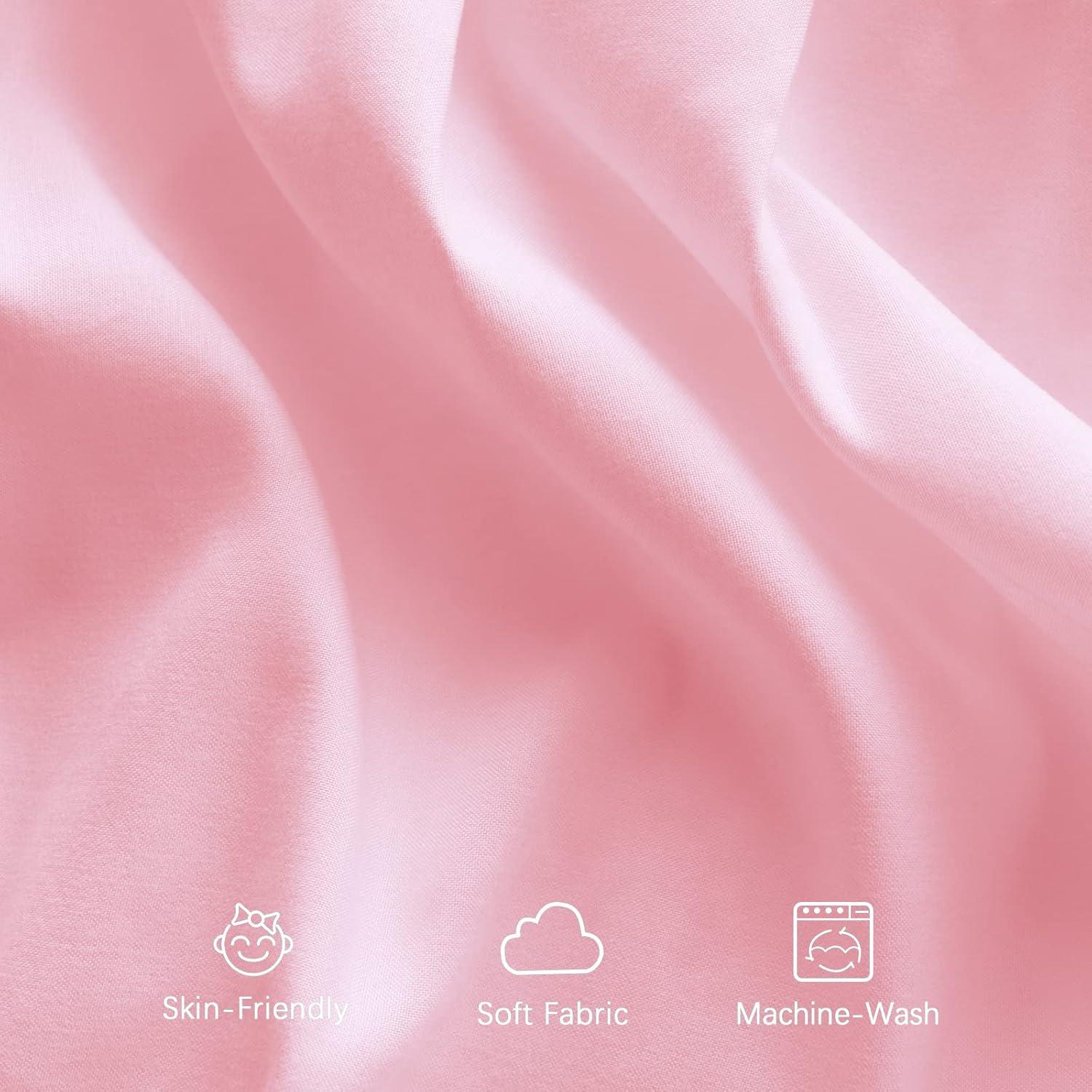Pink Crib Skirt Pleated with White Lovely Pompoms, Bedding Dust Ruffle for Girls, 14" Drop, Fit All Standard Crib Bed, Fade Resistant Crib Bed Skirt Machine Wash