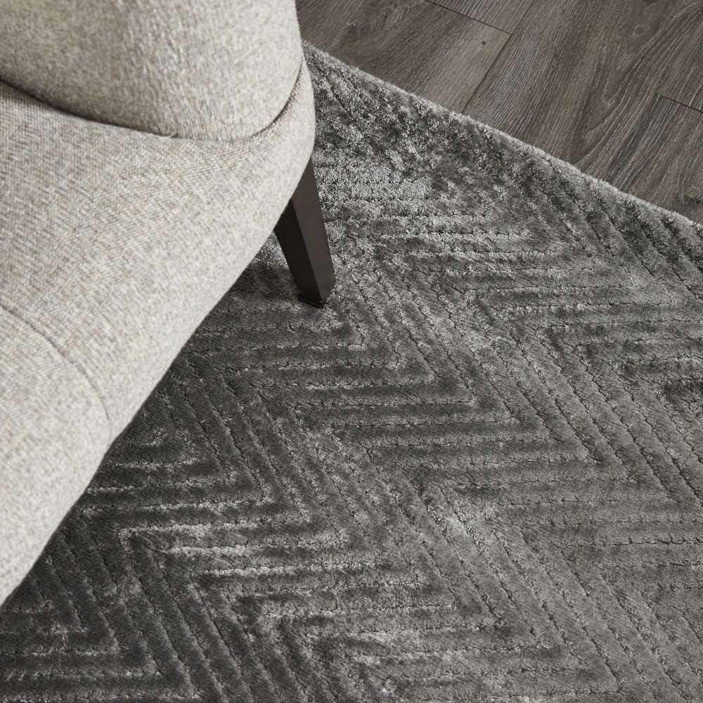 Charcoal Herringbone Hand-Knotted Viscose 8' x 10' Area Rug