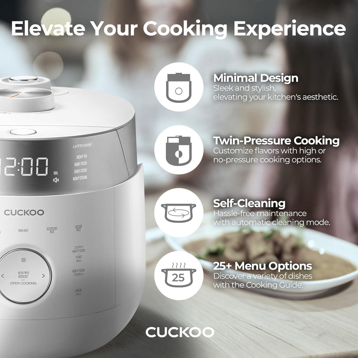 CUCKOO CRP-LHTR1009FW 10-Cup (Uncooked) / 20-Cup (Cooked) Induction Heating Twin Pressure Rice Cooker with Nonstick Inner Pot, 16 Menu Modes, 3 Voice Guide, Auto Clean (White)