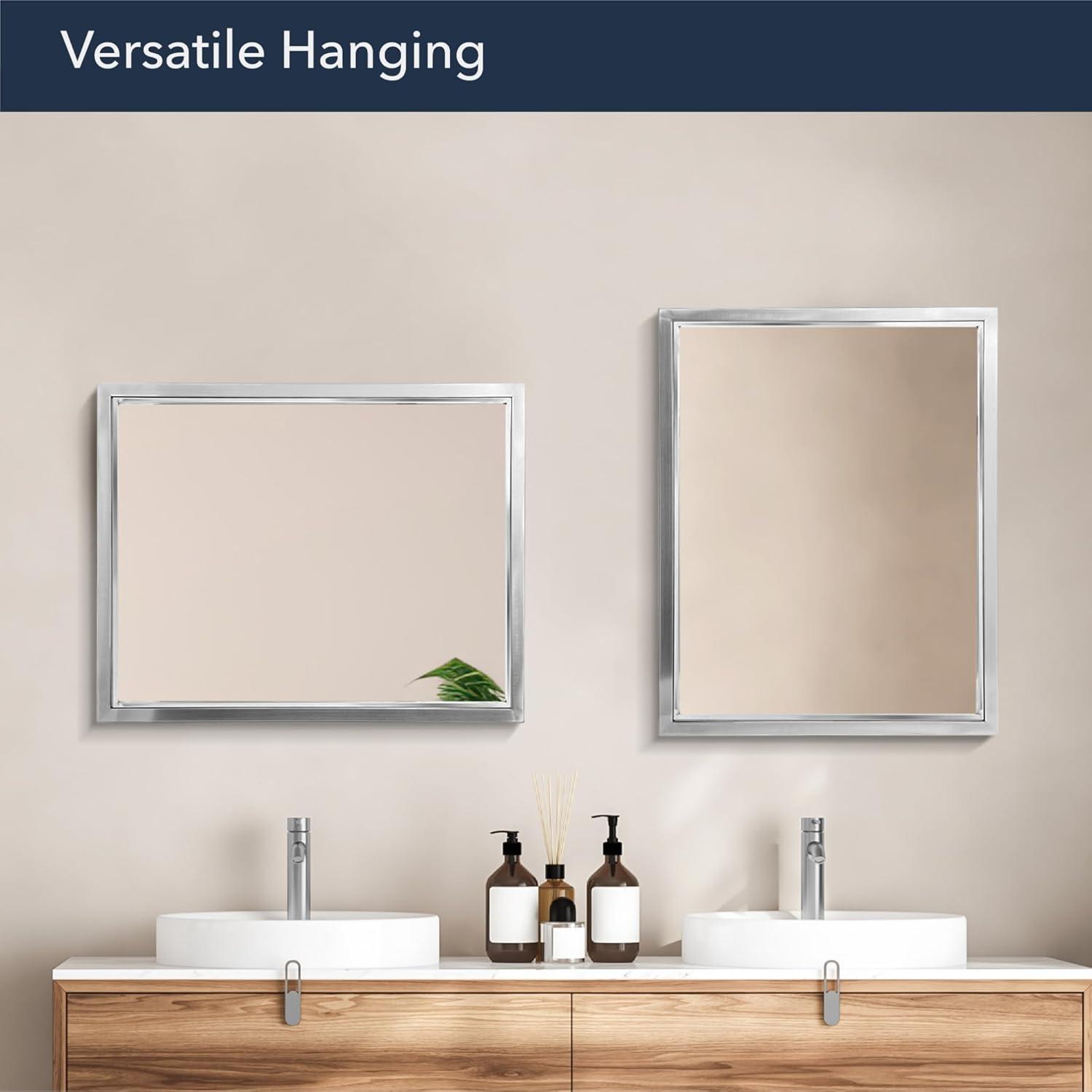Head West Brushed Nickel and Chrome Metal Framed Vanity Mirror for Bathroom - Beveled-Edge Bedroom Mirror with Z-Bar Brackets for Vertical & Horizontal Placement - 24"x30"
