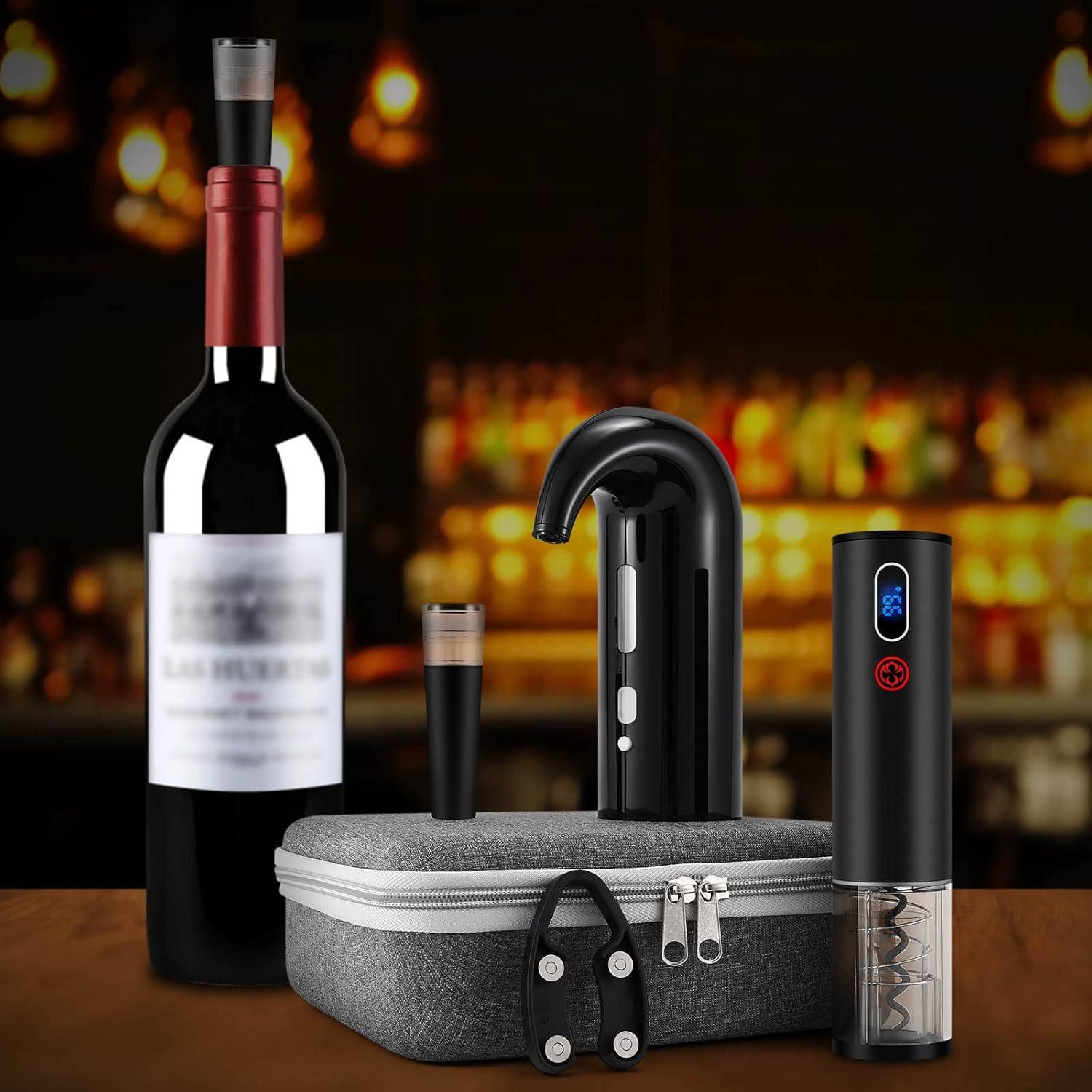 Wine Opener Christmas Day Gift Set with Electric Wine Bottle Opener, Wine Decanter&Wine Aerator and Pourer, wine stopper, Foil Cutter and EVA Storage Bag, Rechargeable and Automatic(Black)