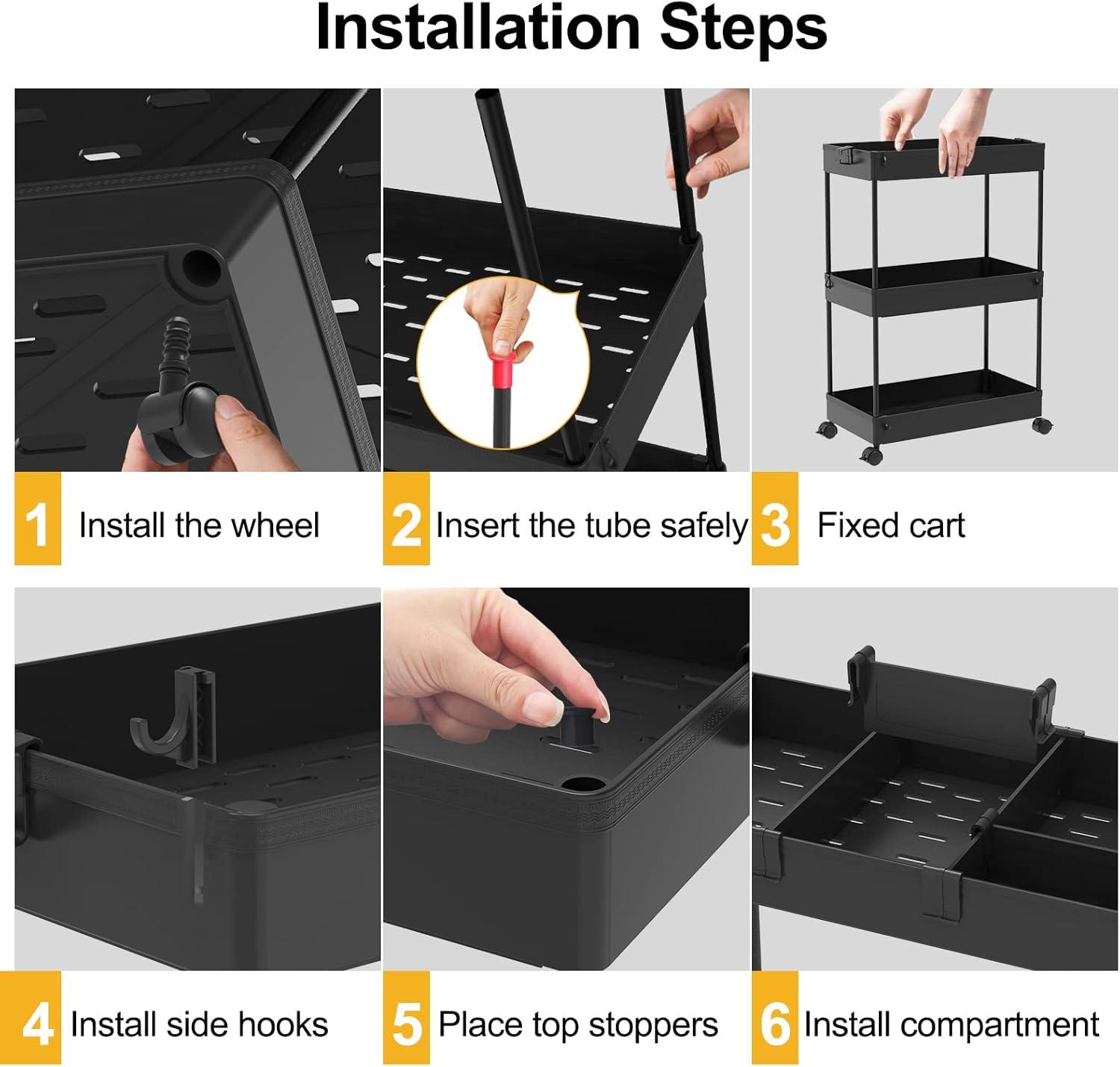 Black 3-Tier Rolling Plastic Storage Cart with Wheels