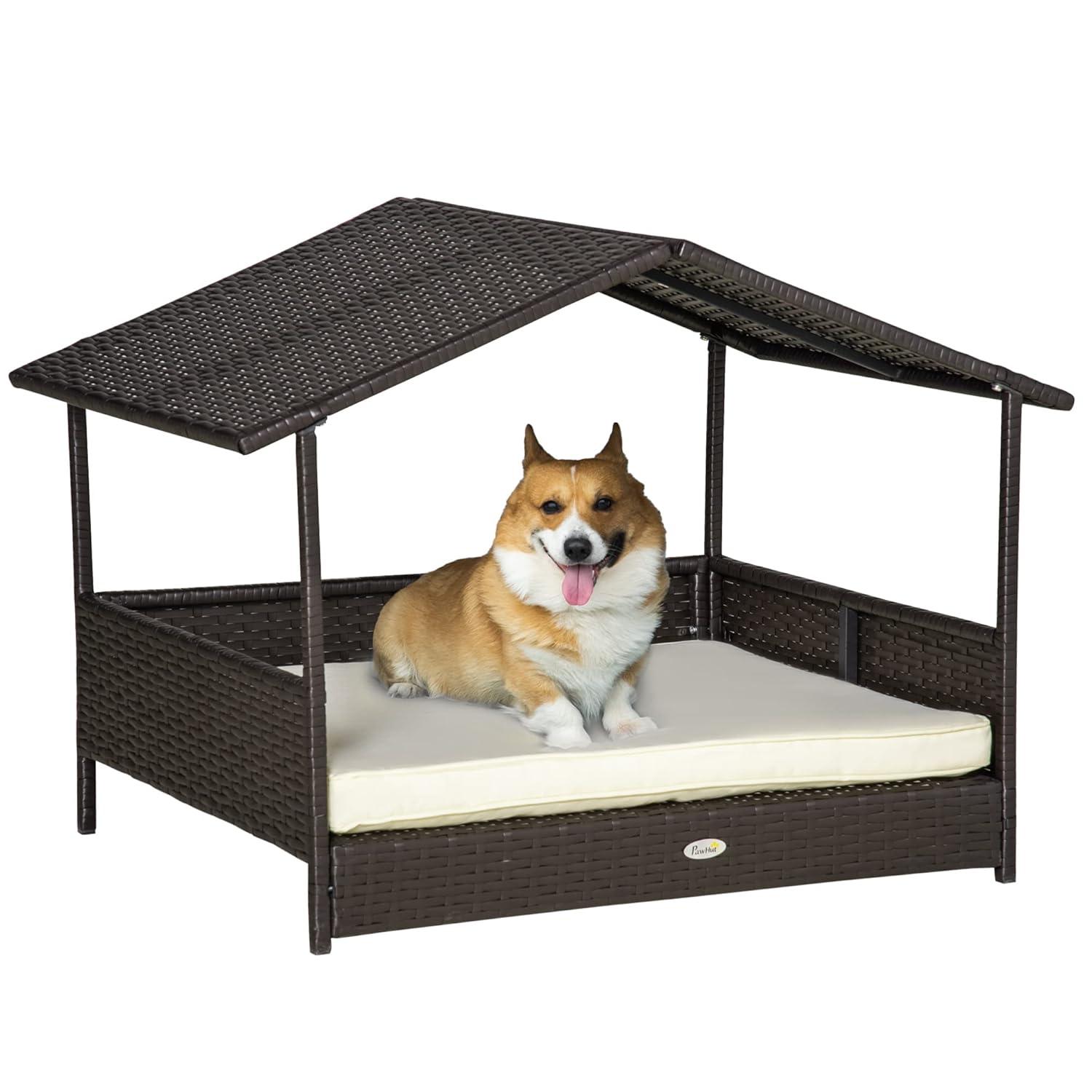 PawHut Wicker Dog House Elevated Raised Rattan Bed for Indoor/Outdoor with Removable Cushion Lounge, Cream
