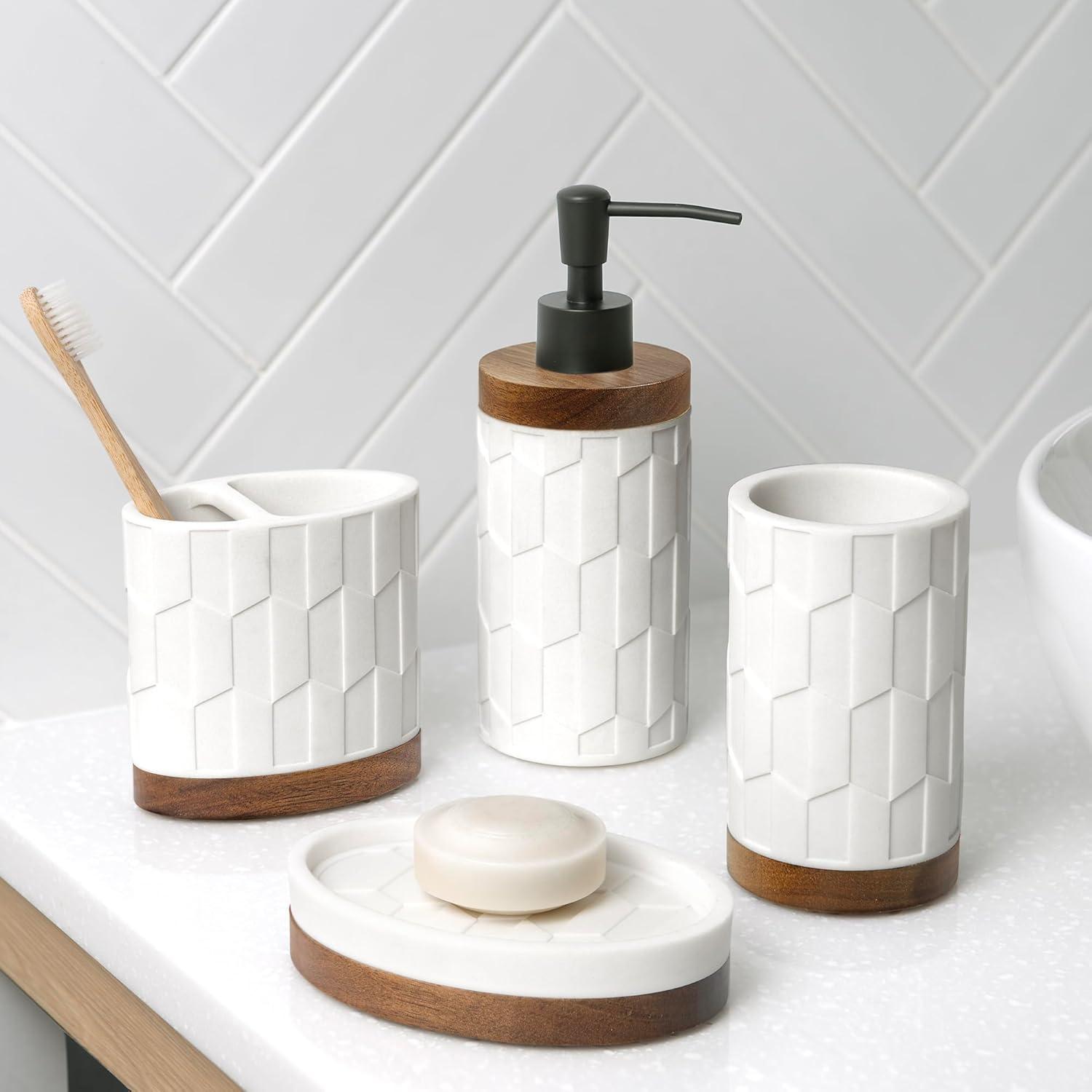 Sarasota White Resin and Wood 4-Piece Bathroom Accessory Set