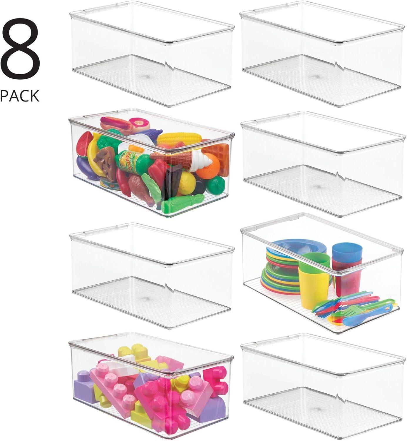 mDesign Plastic Stackable Toy Storage Bin Box with Hinge Lid, 8 Pack - Clear