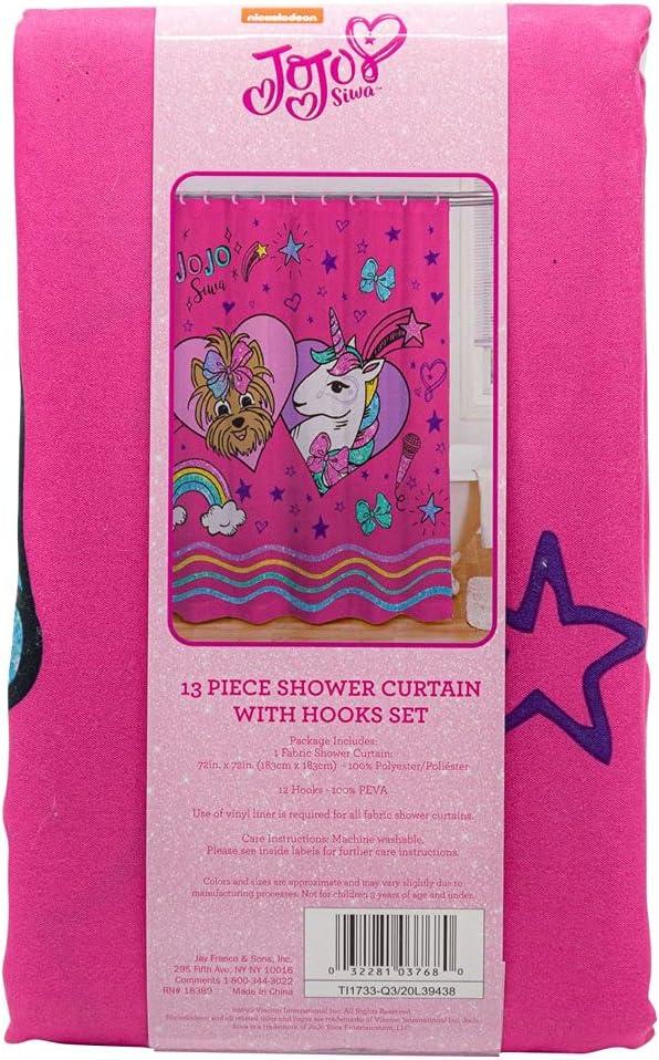 Jojo Siwa 13-Piece Kids Shower Curtain and Hook Set, 72 x 72, Microfiber, Pink, Nickelodeon