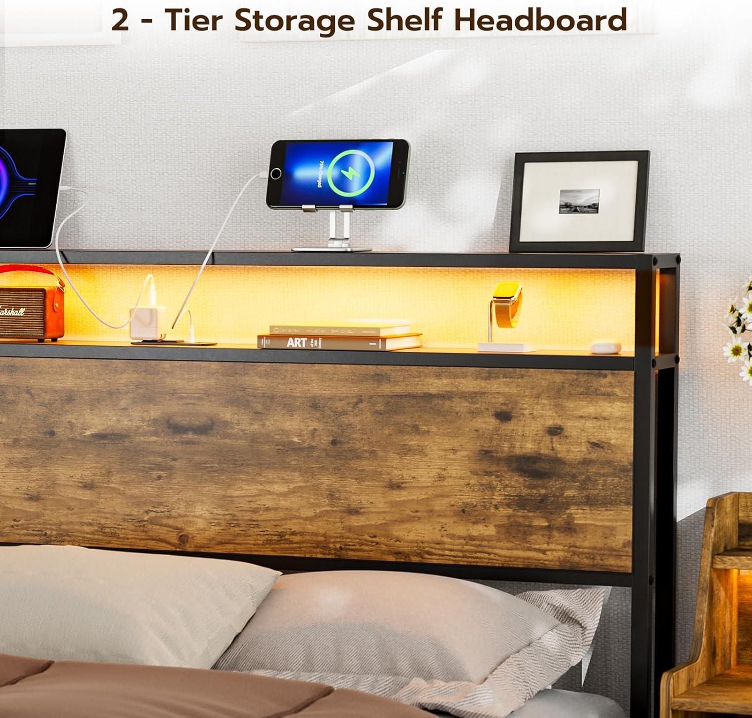 Ivy Bronx Kaiwei Storage Headboard With Led Lights & Charging Station - Industrial Metal And Wood
