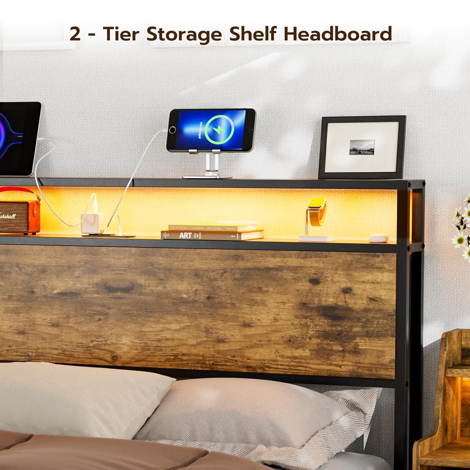 Ivy Bronx Kaiwei Storage Headboard With Led Lights & Charging Station - Industrial Metal And Wood
