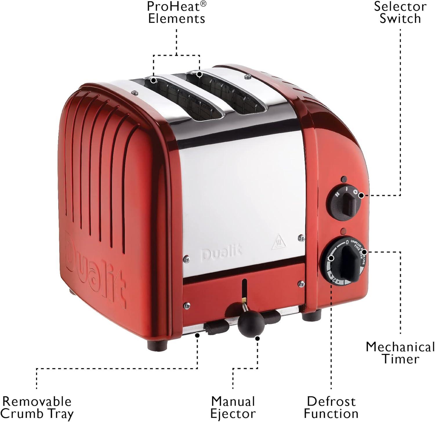 Dualit Red NewGen Toaster - 10x9x8: Stainless Steel, 2-Slice, Bagel & Defrost, 1250W, Spot Clean