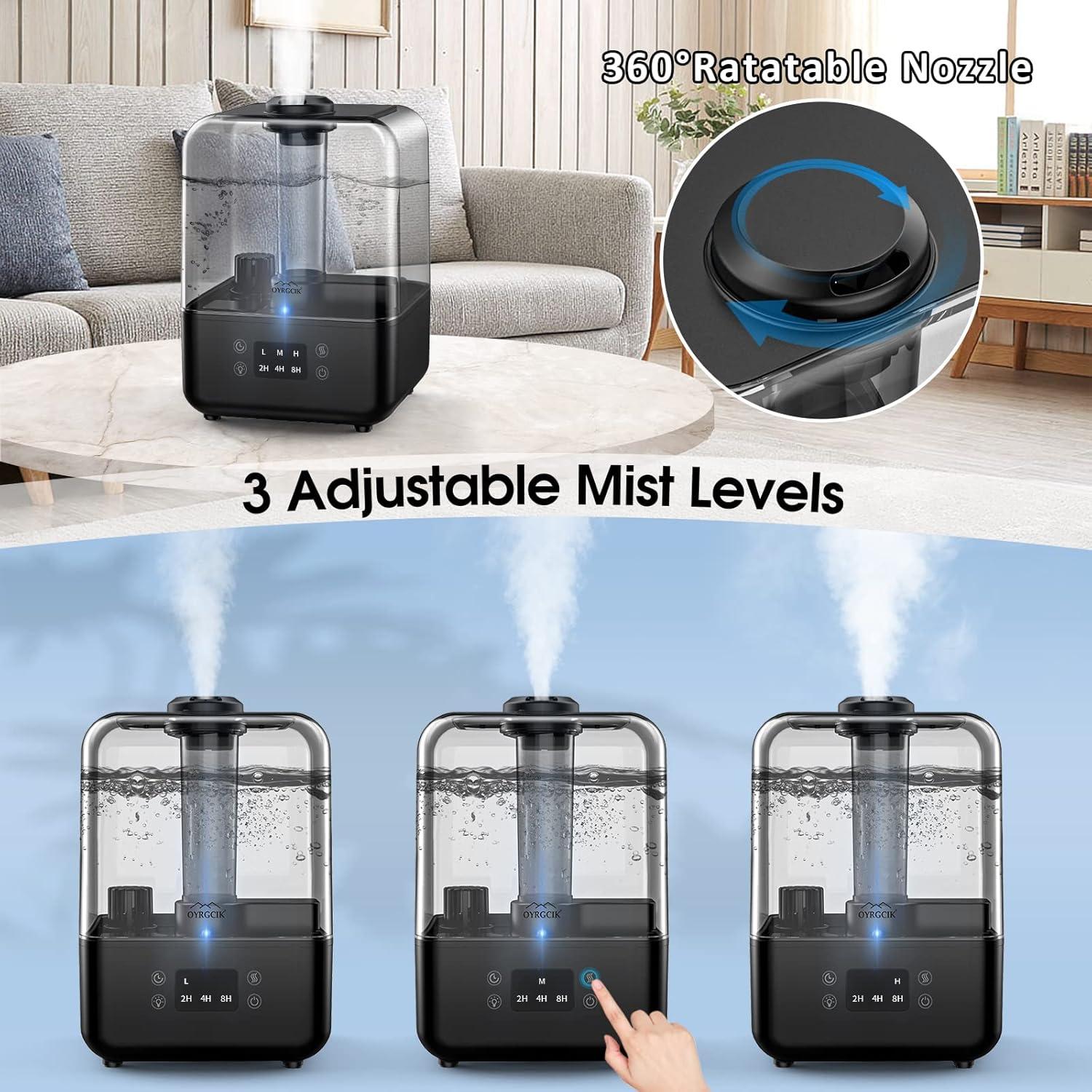 Humidifiers for Bedroom, Ultrasonic 5L Top Fill Humidifiers for Large Room Baby Home with 360° Rotation Nozzle, 3 Mist Levels, Auto Shut-Off, Timer, Essential Oil Diffuser, 30H Work Time, Quiet Black