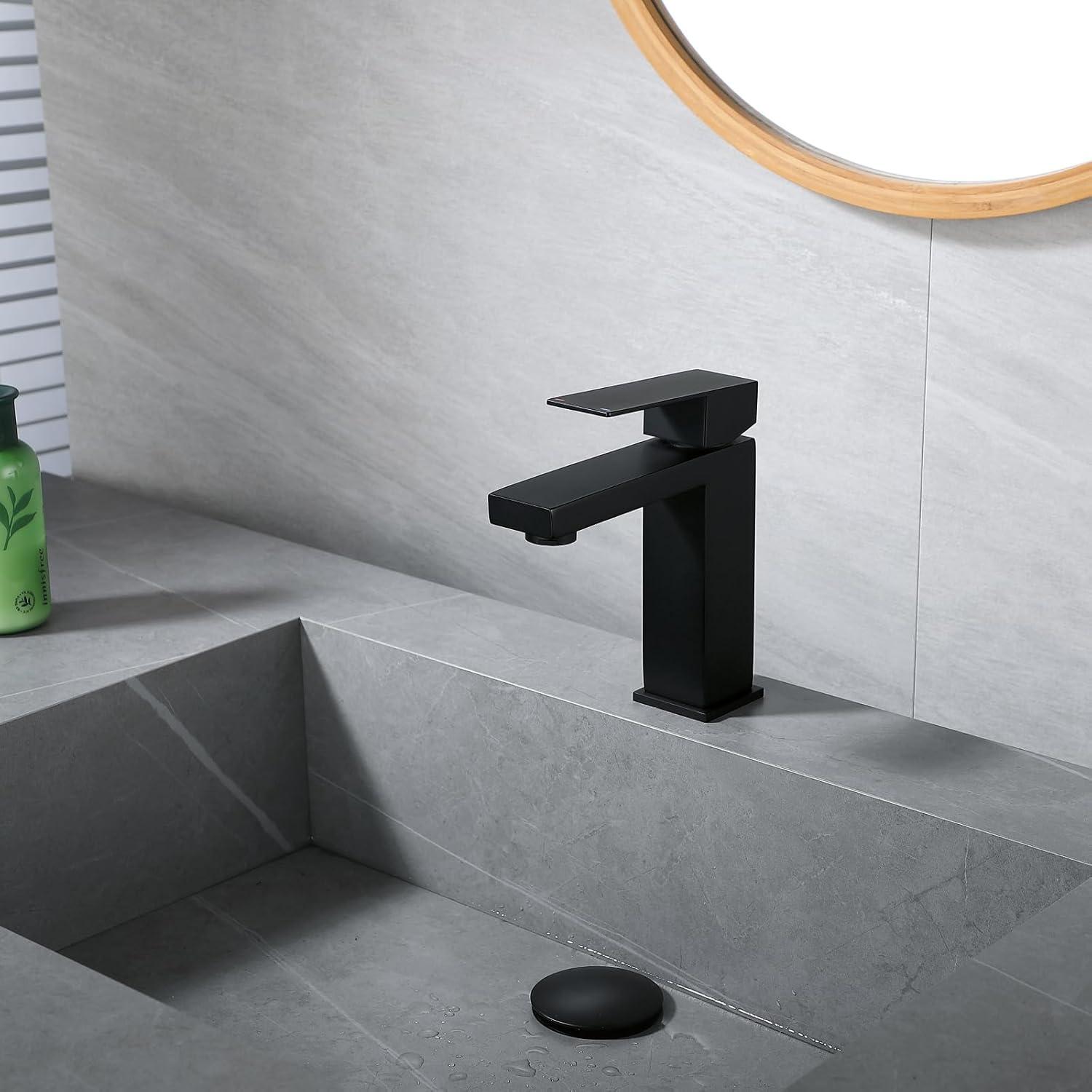 Matte Black Single Handle Bathroom Sink Faucet, Stainless Steel Bathroom Faucet with cUPC Certified Water Supply Hoses, Commercial Vanity Faucet Modern Single Hole RV Bathroom Faucets