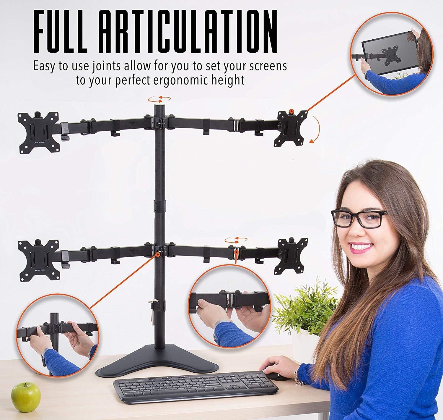 Quadruple Monitor Mount Freestanding Monitor Arm with 4 Adjustable VESA Mounts Black Stand Steady