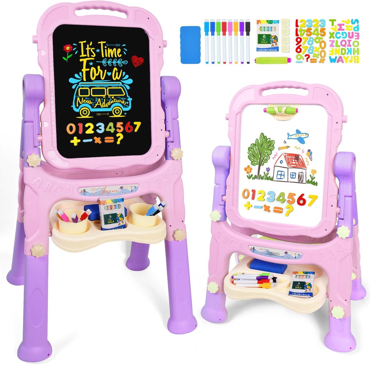 Easel for Kids, Adjustable Standing Art Easel for Toddler, Double Magnetic Drawing Board with Painting Accessories, Birthday Christmas Gift for Little Boys and Girls,  Pink