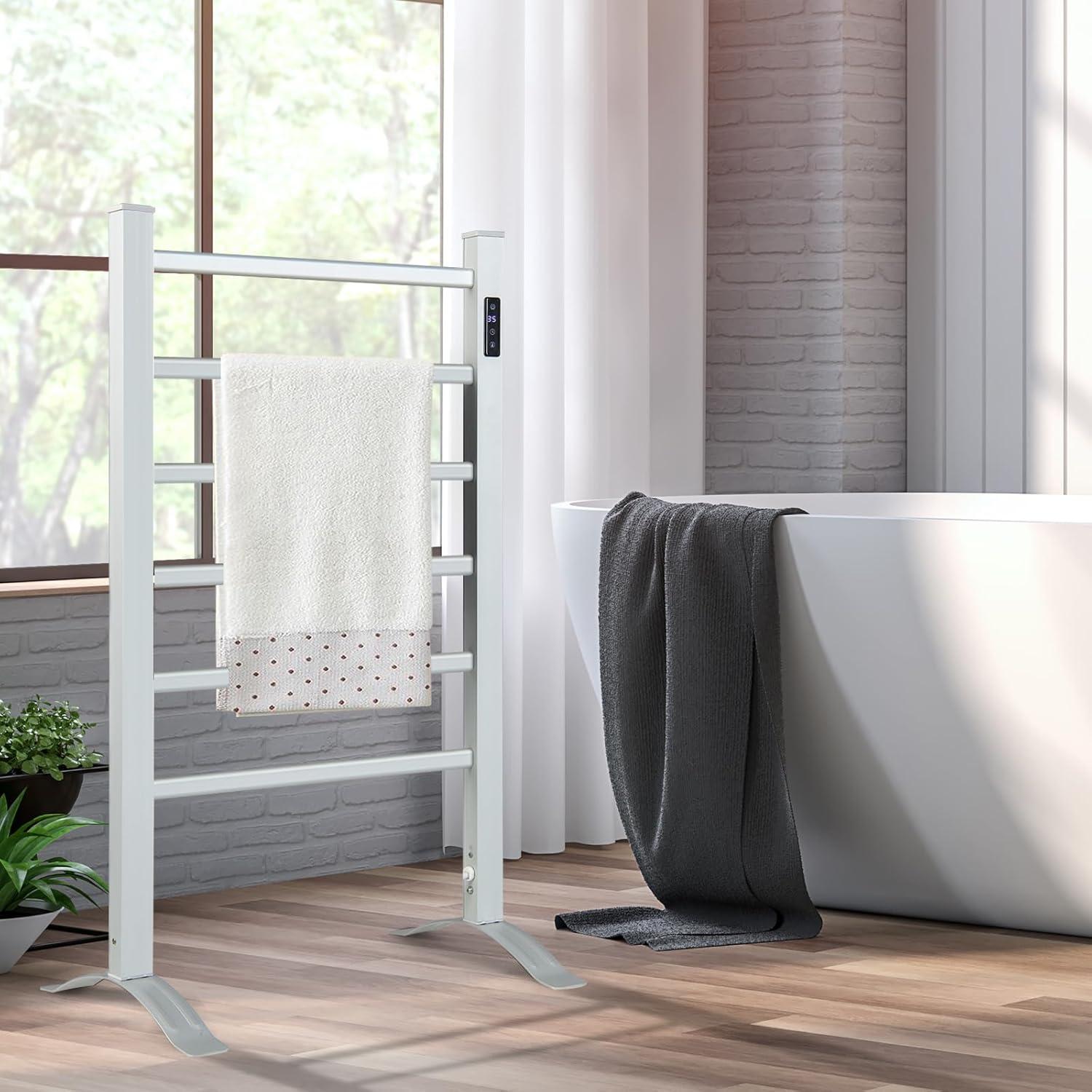 Costway Freestanding Wall Mounted Towel Warmer 6-Bar Aluminum Heated Towel Rack w/ Timer