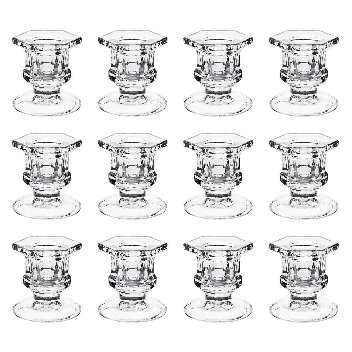 Juvale 12 Pack Clear Glass Candle Holders for Candlesticks, Taper Candles, Wedding Centerpieces, 2 x 2.3 x 2 In