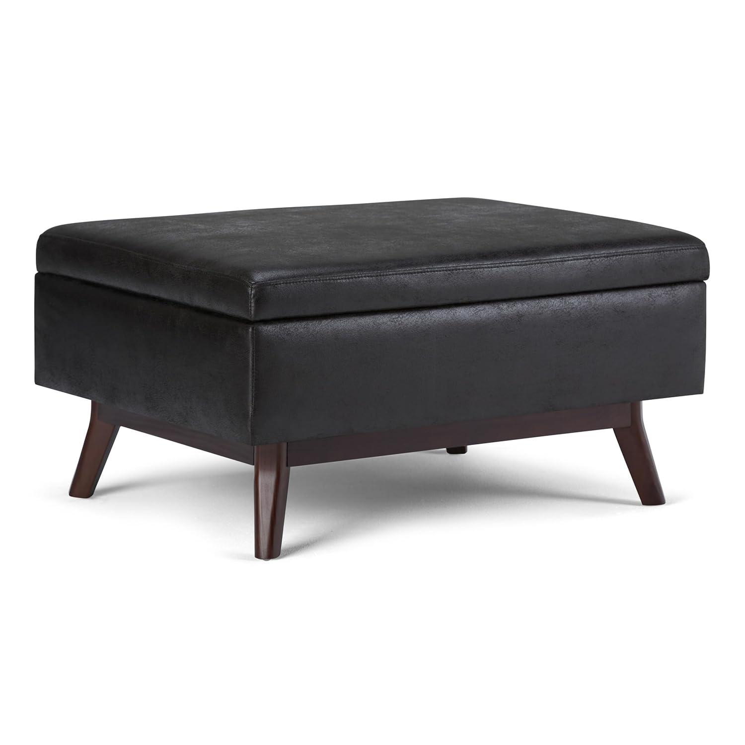 Simpli Home Owen 34"W Upholstered Coffee Table Storage Ottoman with Lift Top and Solid Wood Legs